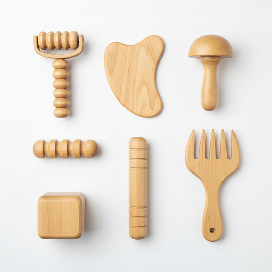6-piece wood therapy massage kit with wooden rollers and gua sha tools